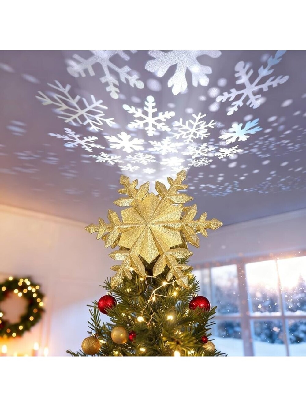 NIB Christmas Tree Topper Lighted with Snowflake Projector, LED (Gold)